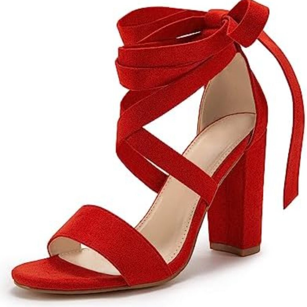 🎀Women's Strappy Heels Lace up High - Red Orange